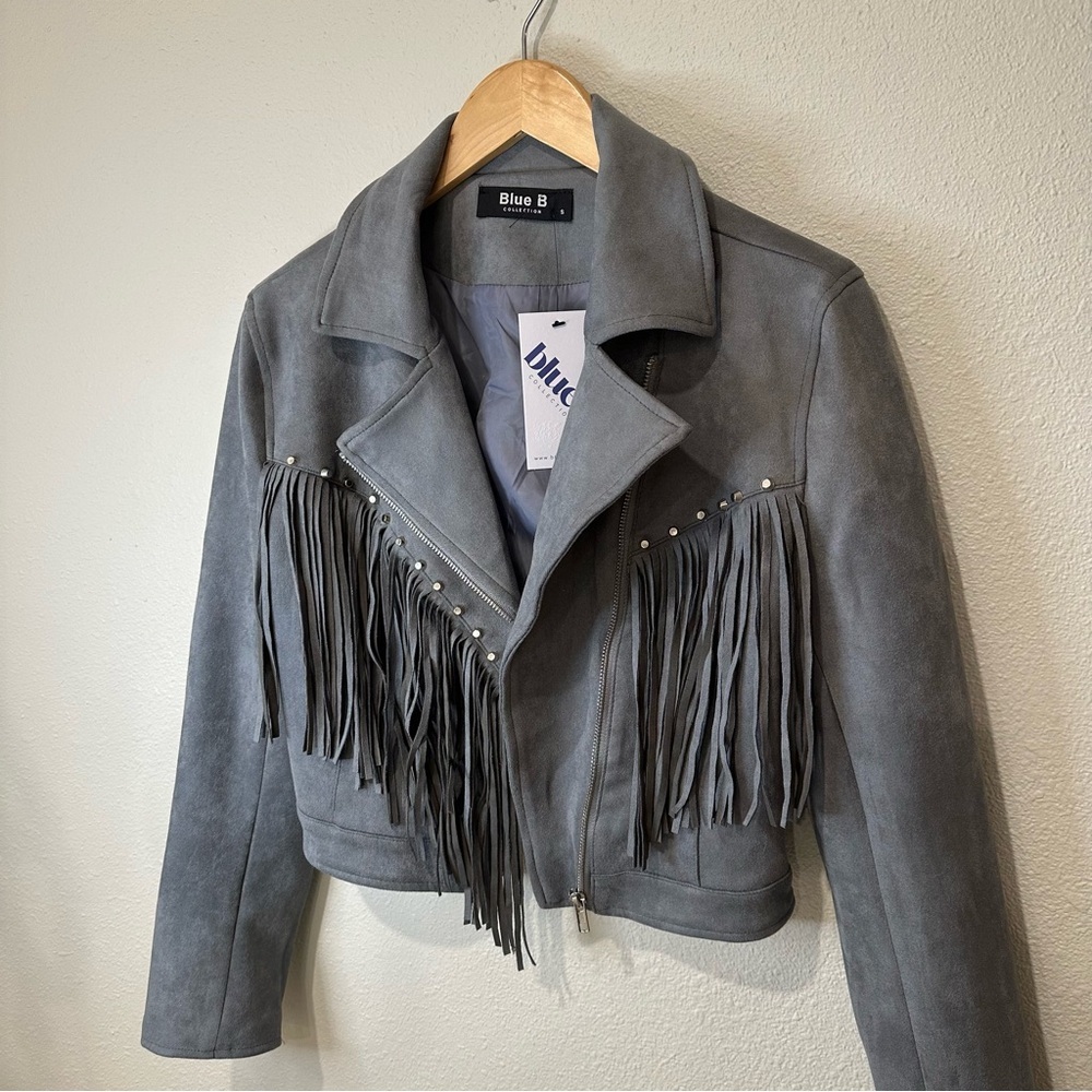 **NWT** Blue B Collection Faux Suede Women's Gray Fringe Jacket - Picture 11 of 15